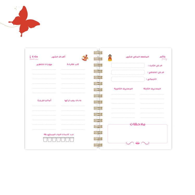 التقسيمات الداخلية لأجندة 2025 اميرات ديزني المخطط الشهري وأهداف الشهر للسلك الذهبي بداية كل شهر